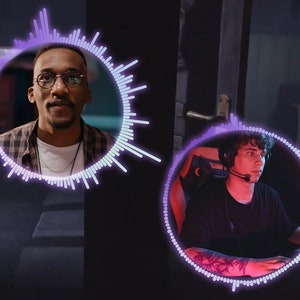Peut inclure: Deux hommes sont représentés dans des cadres circulaires distincts avec un effet d'égaliseur violet et bleu. L'homme à gauche porte des lunettes et une chemise à carreaux. L'homme à droite porte une chemise noire et un casque.
