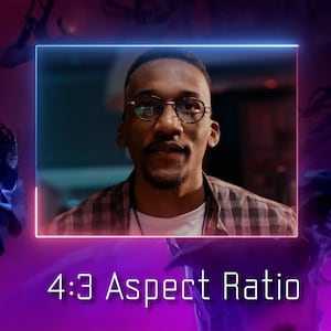 May include: A man with a beard and glasses is looking directly at the camera. He is wearing a plaid shirt. The image is framed in a neon pink and blue border. The text "4:3 Aspect Ratio" is below the image.