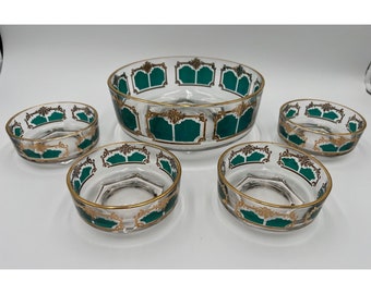 Vintage Jeanette Glass Chip and Dip Set 1960's Set of 5 Green and Gold MCM