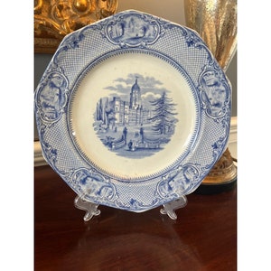 May include: Antique blue and white decorative plate. The plate features a central landscape scene with a building and figures, surrounded by a lattice pattern and architectural vignettes. The plate is displayed on a clear stand.