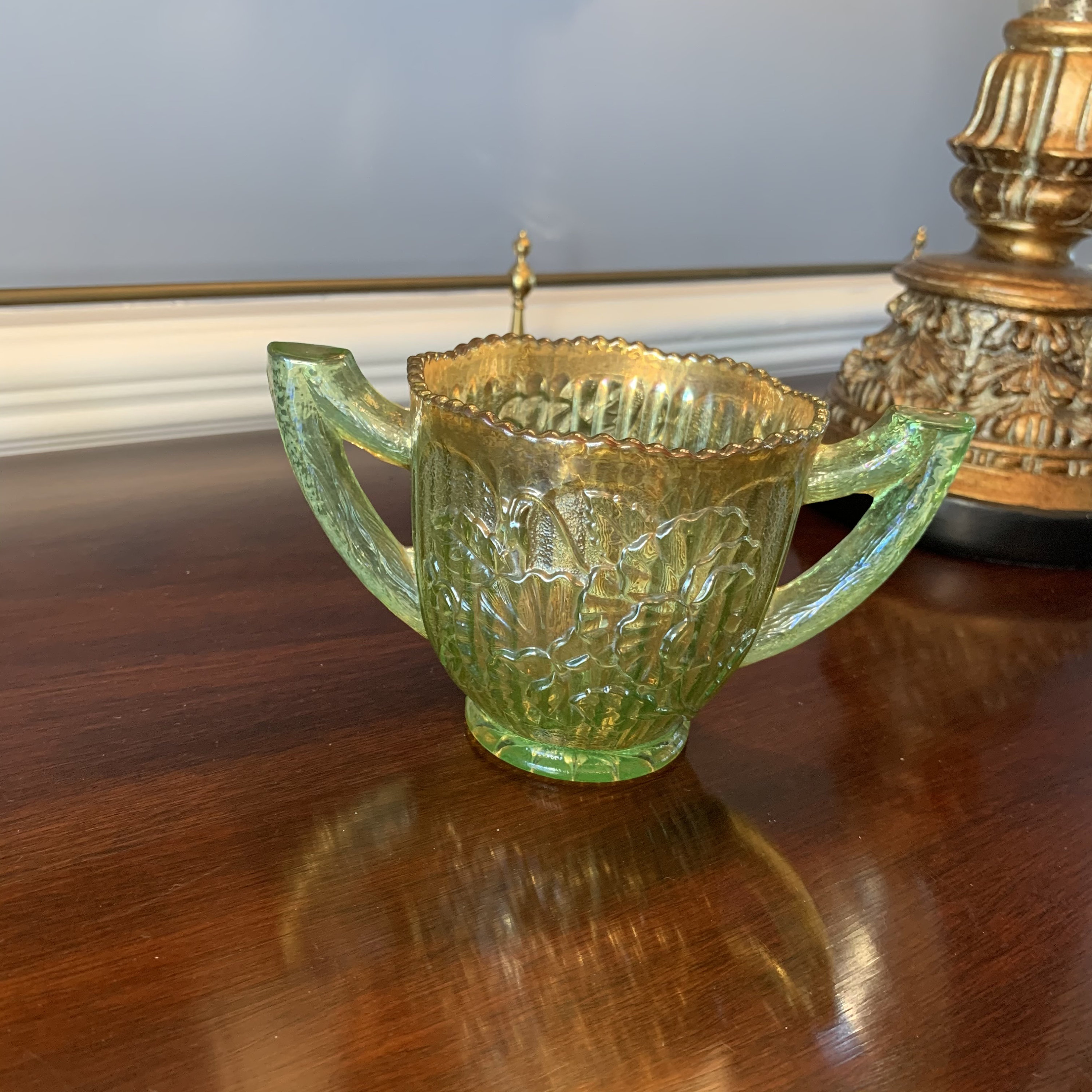 Vintage Imperial Pansy Helios Green Carnival Glass Two Handled Sugar Bowl
