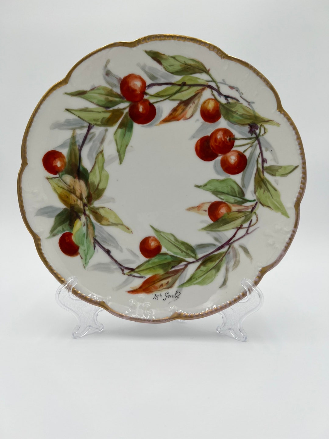 Limoges Artist Signed Antique Plate Cherries & Leaves Gilt Edge 8.75" M