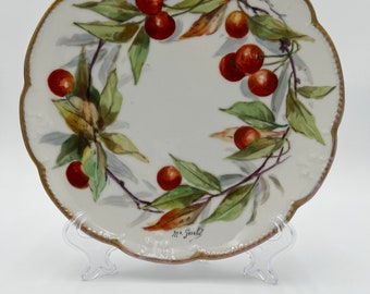 Limoges Artist Signed Antique Plate Cherries & Leaves Gilt Edge 8.75" M Gerald