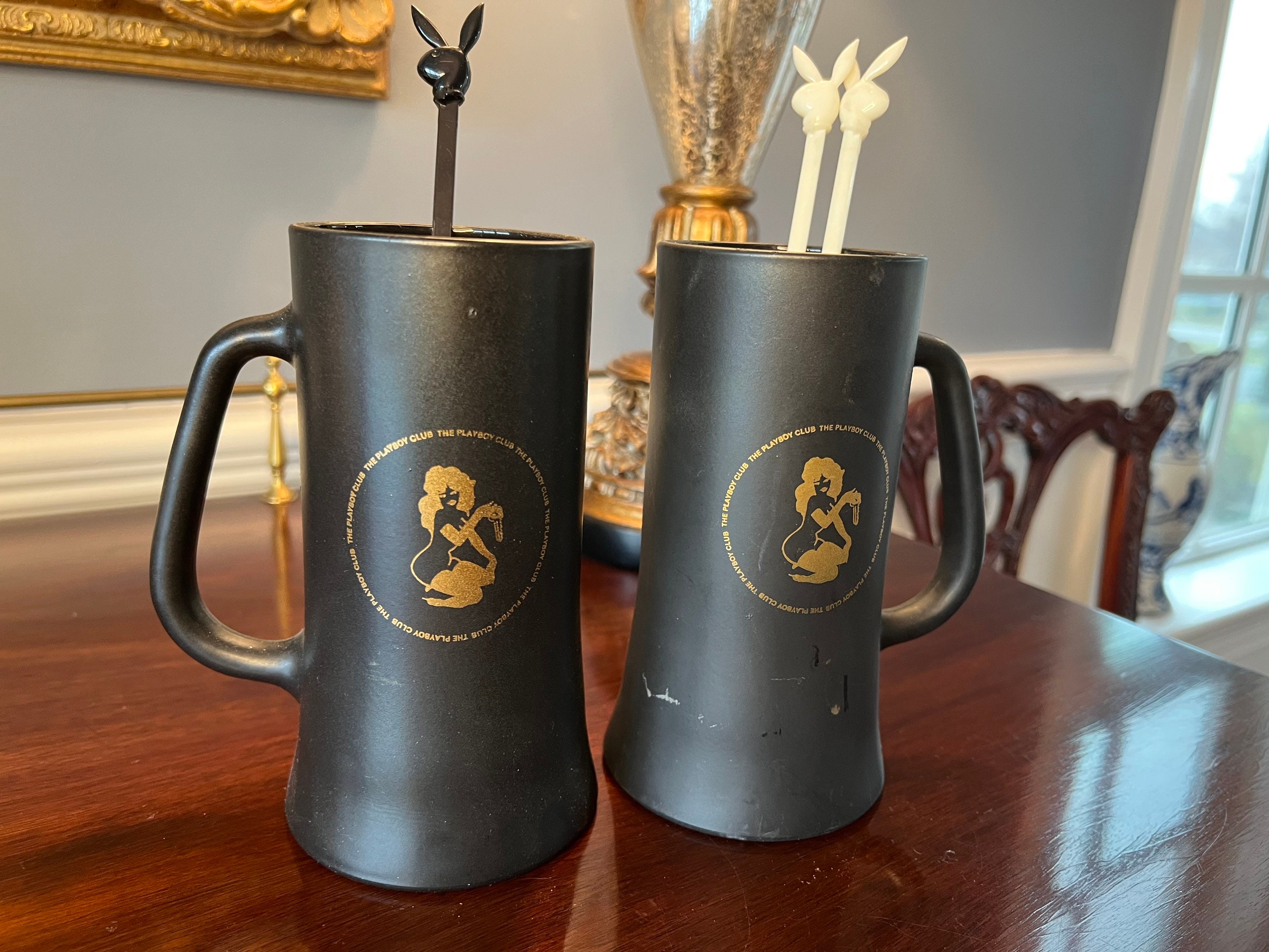 Playboy Club Black Embossed Playboy Bunny Beer Steins Tall Mugs With