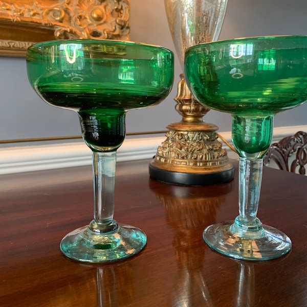 Hand Blown Glass Mexica Margarita Glasses Green Bowl Blue Tint Stem