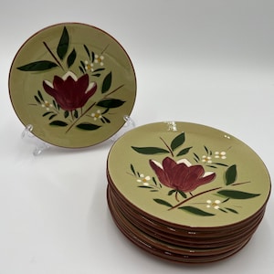 May include: A set of ten green ceramic dessert plates with a floral design. Each plate features a red flower with white accents and green leaves on a light green background.