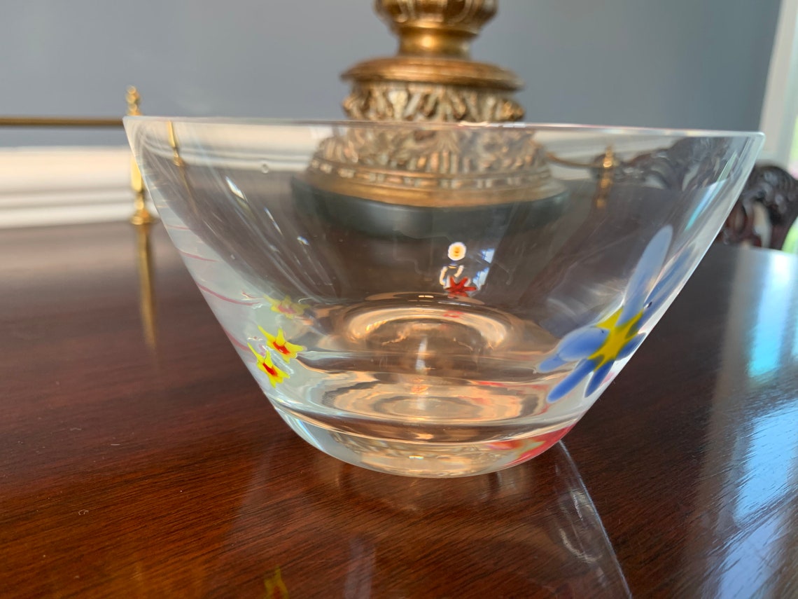 Vintage Clear Blown Glass Bowl With Hand Painted Flowers Etsy UK