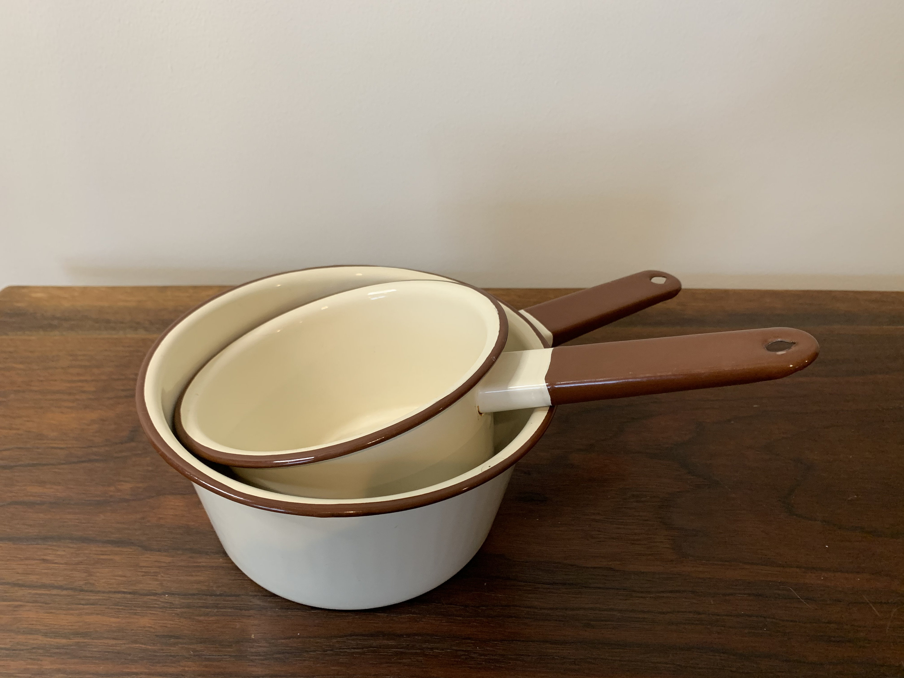 Set of 2 Vintage Enamelware Saucepans Pots Cream With Brown Etsy