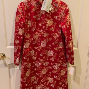 Vintage Red Silk Cheongsam Chinese Dress Gold Embroidered Floral 100% Silk Traditional