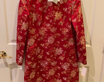 Vintage Red Silk Cheongsam Chinese Dress Gold Embroidered Floral 100% Silk Traditional