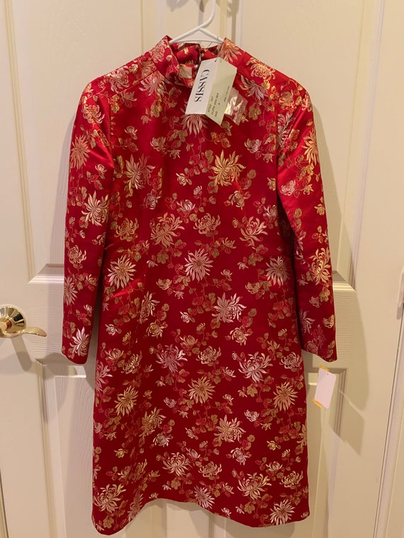 Vintage Red Silk Cheongsam Chinese Dress Gold Embr