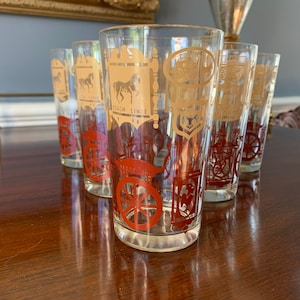 Set of 6 Vintage Barware MCM Glasses Decorated with Old Inn Signs Liberty Inn, Turtle Inn, Coach Inn