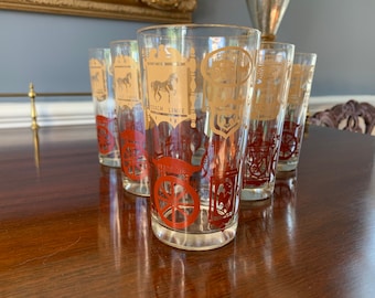 Set of 6 Vintage Barware MCM Glasses Decorated with Old Inn Signs Liberty Inn, Turtle Inn, Coach Inn