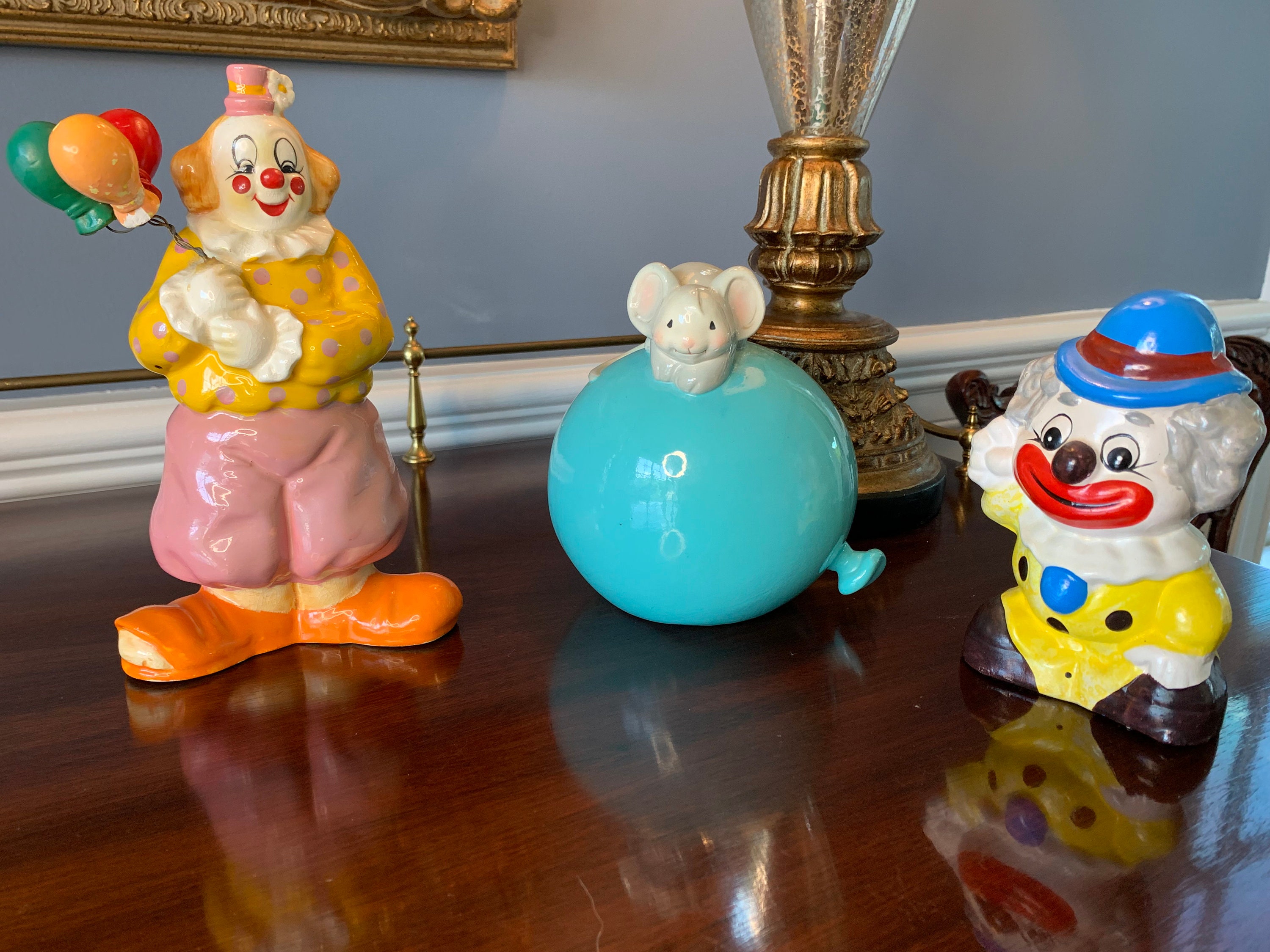 Lot of 3 Vintage Coin Banks Mouse on Balloon, Clowns, Enesco Clown Balloons