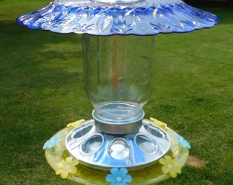 Cobalt Blue and Yellow Mason Jar Birdfeeder w/Blue and Yellow flower perches, tiara glass
