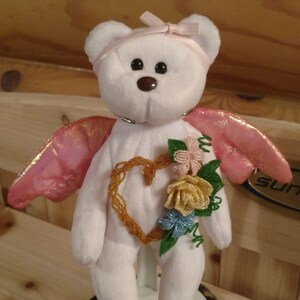 Hand beaded/decorated beanie baby halo bear, ty beanie babies