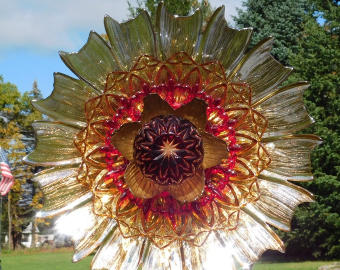 Gold and Red Glass Flower, Yard Art, Glass Flowers, Outdoor Decor