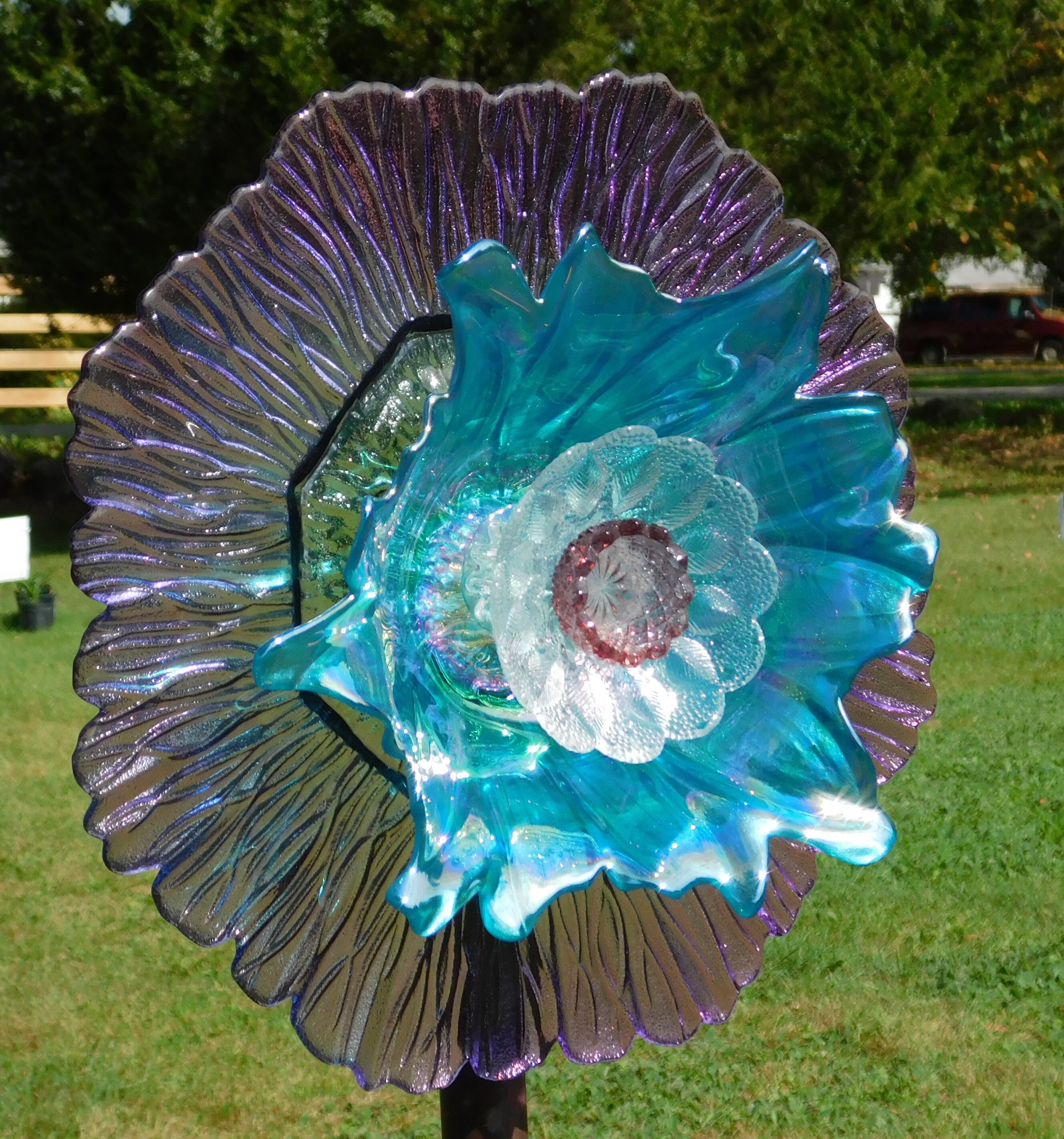 Purple and Turquoise Glass Flower, Yard Art, Glass Flowers, Outdoor