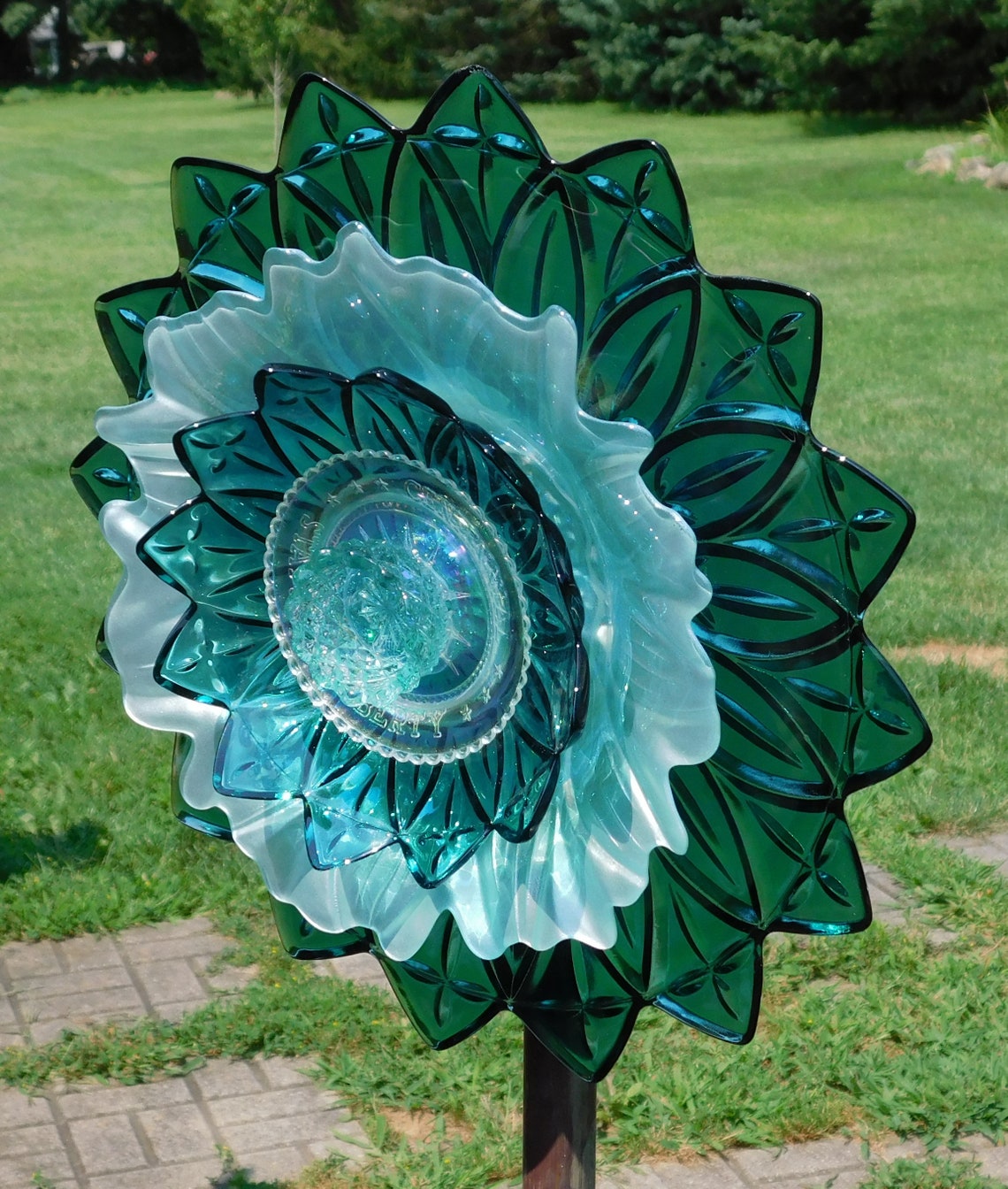 Shades of Teal Glass Flower Yard Art Glass Flowers Outdoor Etsy