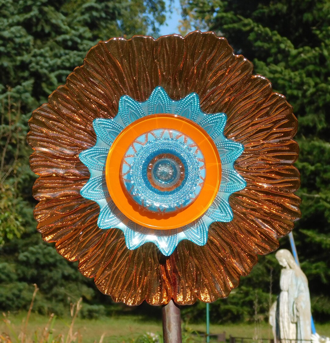 Orange and Turquoise Glass Flower, Yard Art, Glass Flowers, Outdoor