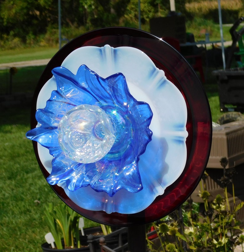 Red, White, and Blue Glass Flower, Yard Art, Glass Flowers, Outdoor