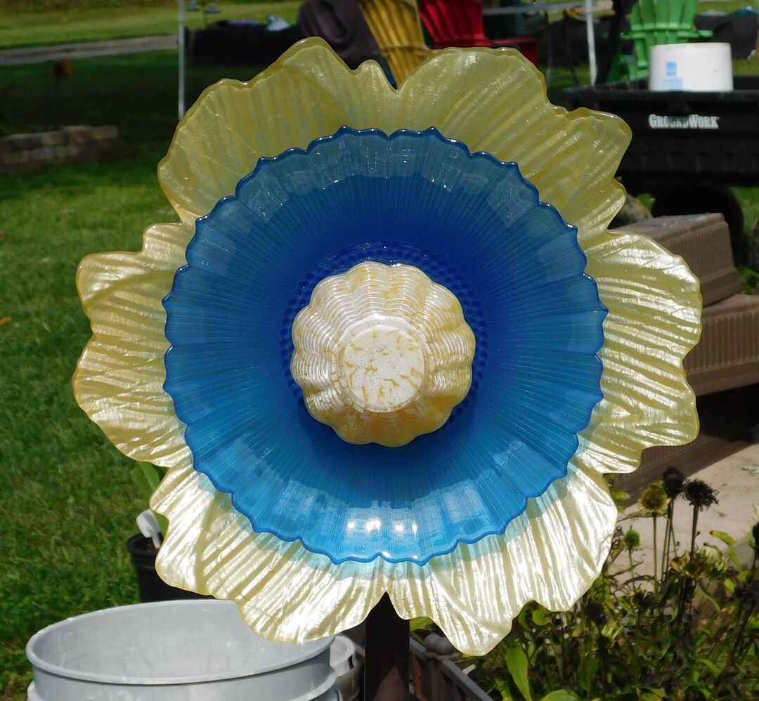 Blue and Yellow Glass Flower, Yard Art, Glass Flowers, Outdoor Decor