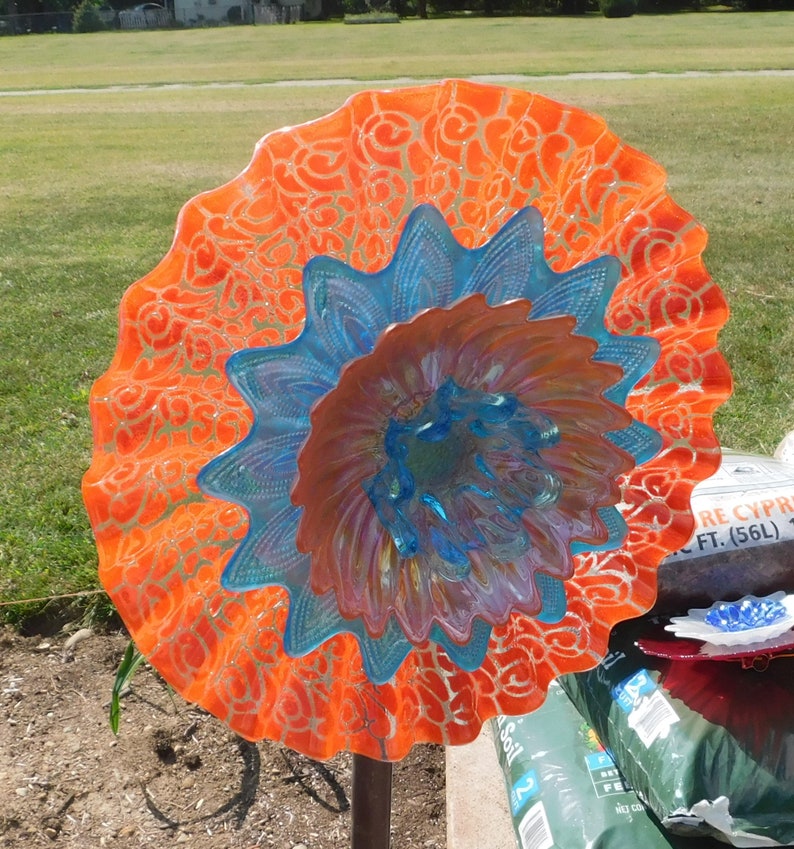 Orange and Turquoise Glass Flower Yard Art Glass Flowers Etsy
