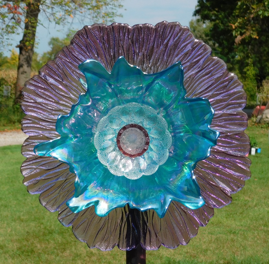 Purple and Turquoise Glass Flower, Yard Art, Glass Flowers, Outdoor