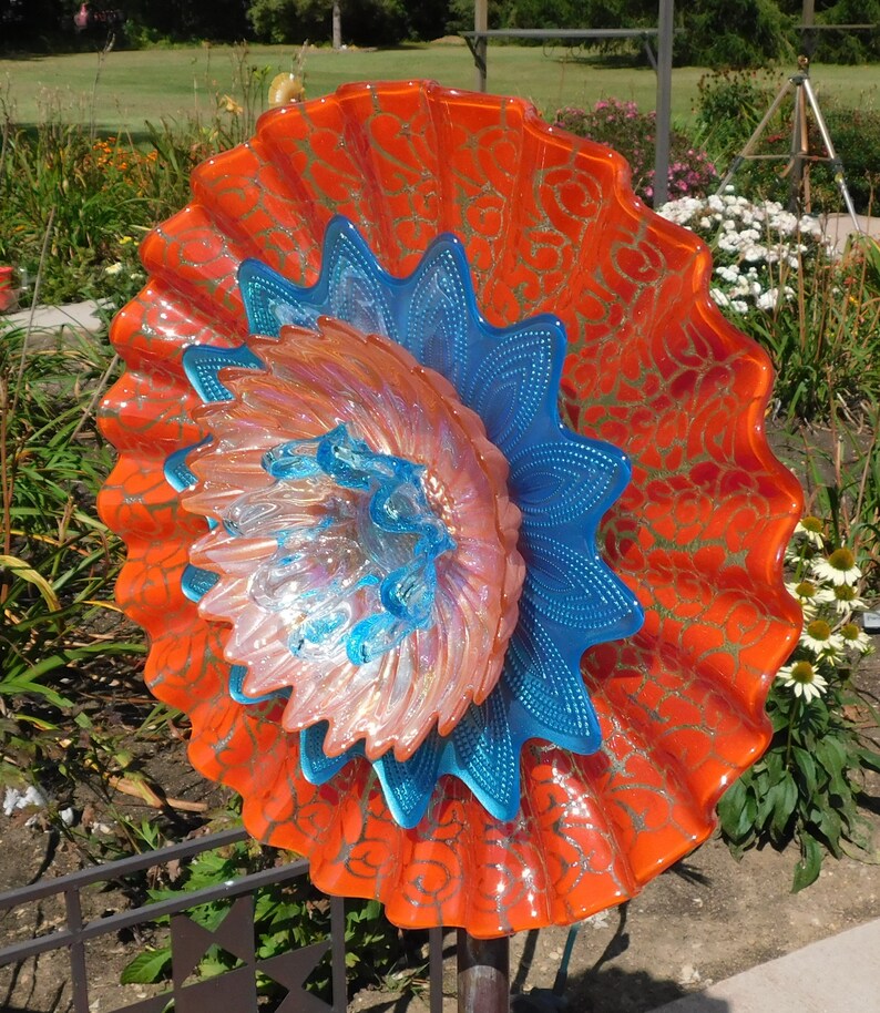 Orange and Turquoise Glass Flower Yard Art Glass Flowers Etsy
