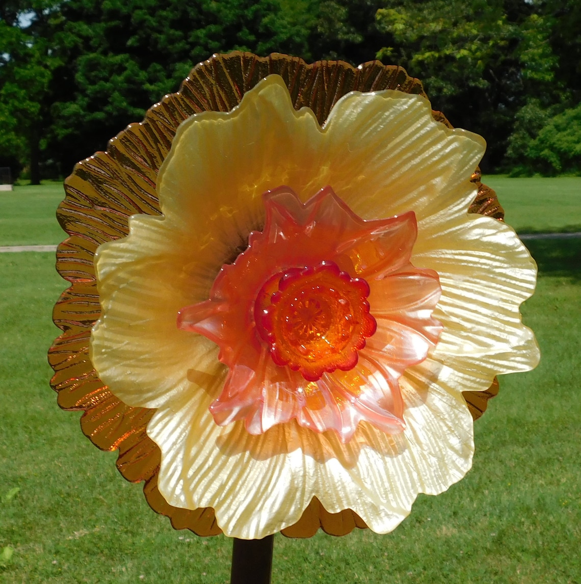 Orange Yellow Amberina Glass Flower Yard Art Glass Etsy
