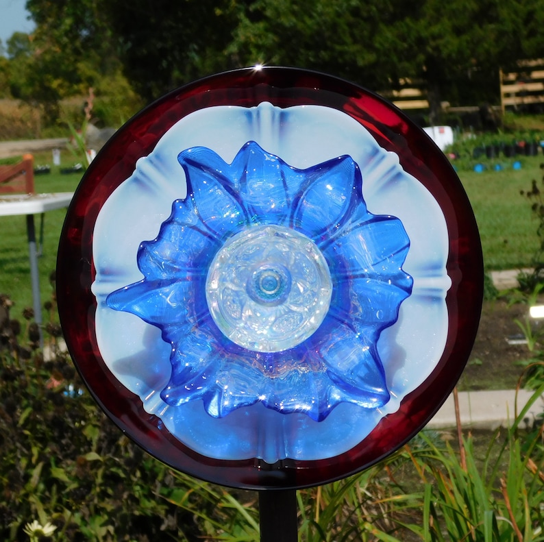 Red, White, and Blue Glass Flower, Yard Art, Glass Flowers, Outdoor
