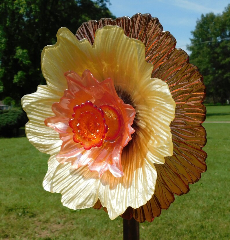 Orange Yellow Amberina Glass Flower Yard Art Glass Etsy