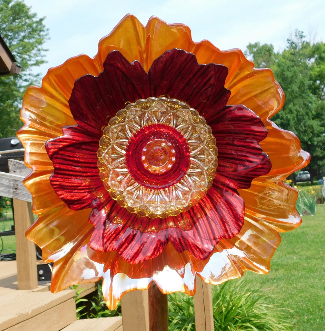 Orange Red And Yellow Glass Flower Yard Art Glass Flowers Etsy