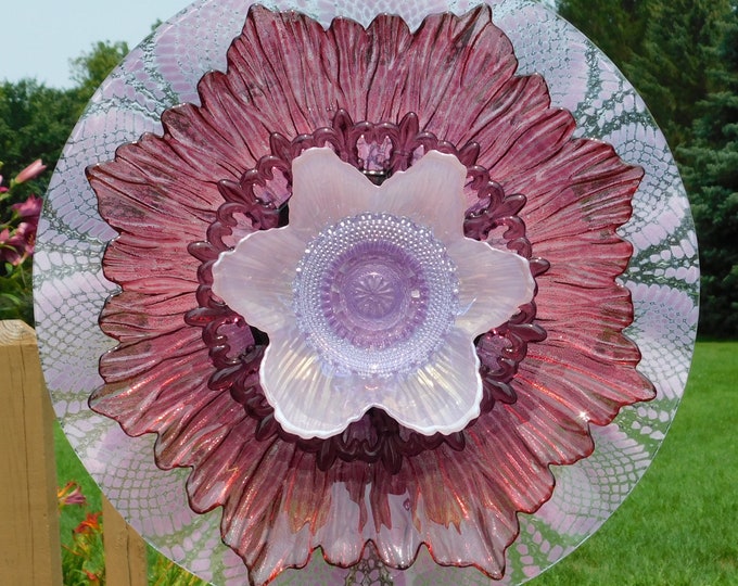 Purple and Pink Glass Flower, Yard Art, Glass Flowers, Outdoor Decor