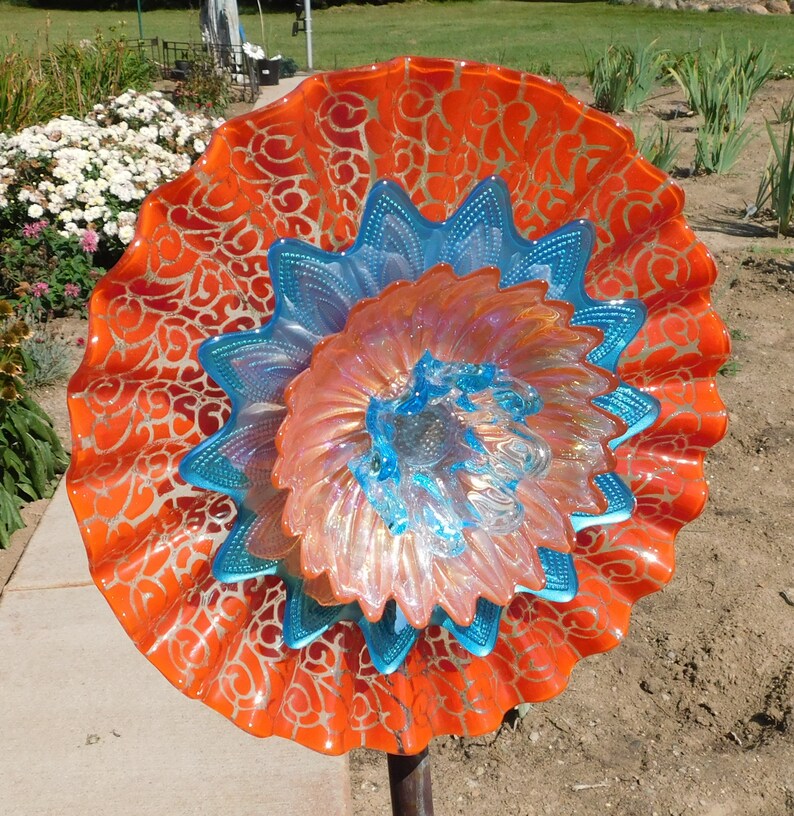 Orange and Turquoise Glass Flower Yard Art Glass Flowers Etsy