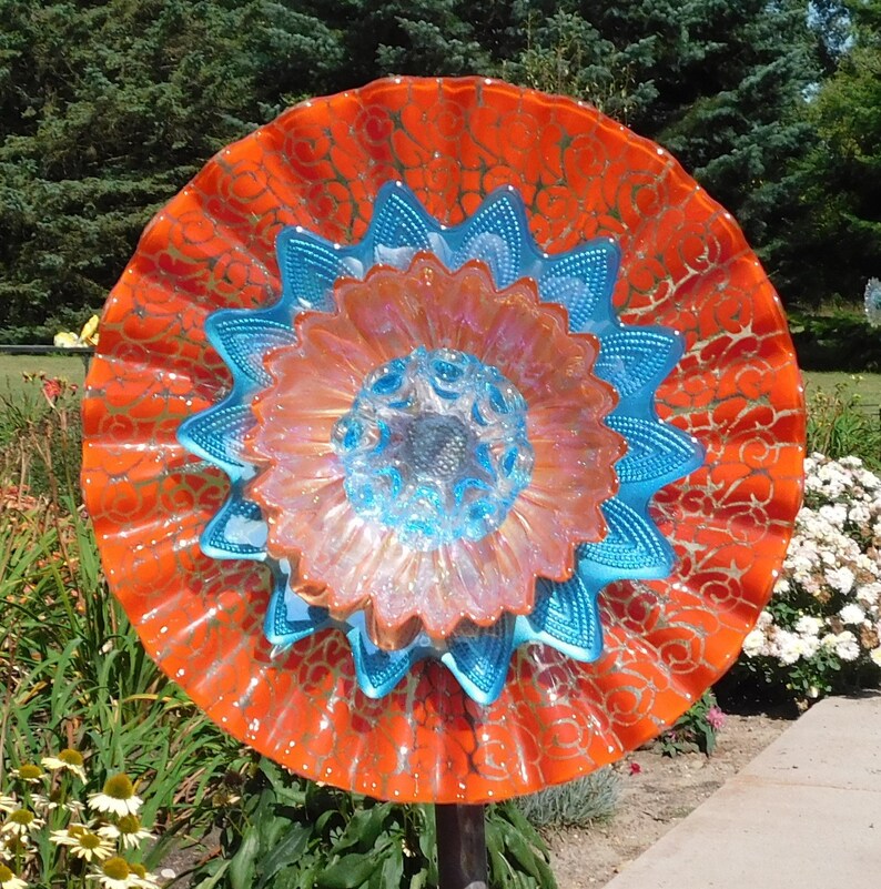 Orange and Turquoise Glass Flower Yard Art Glass Flowers Etsy