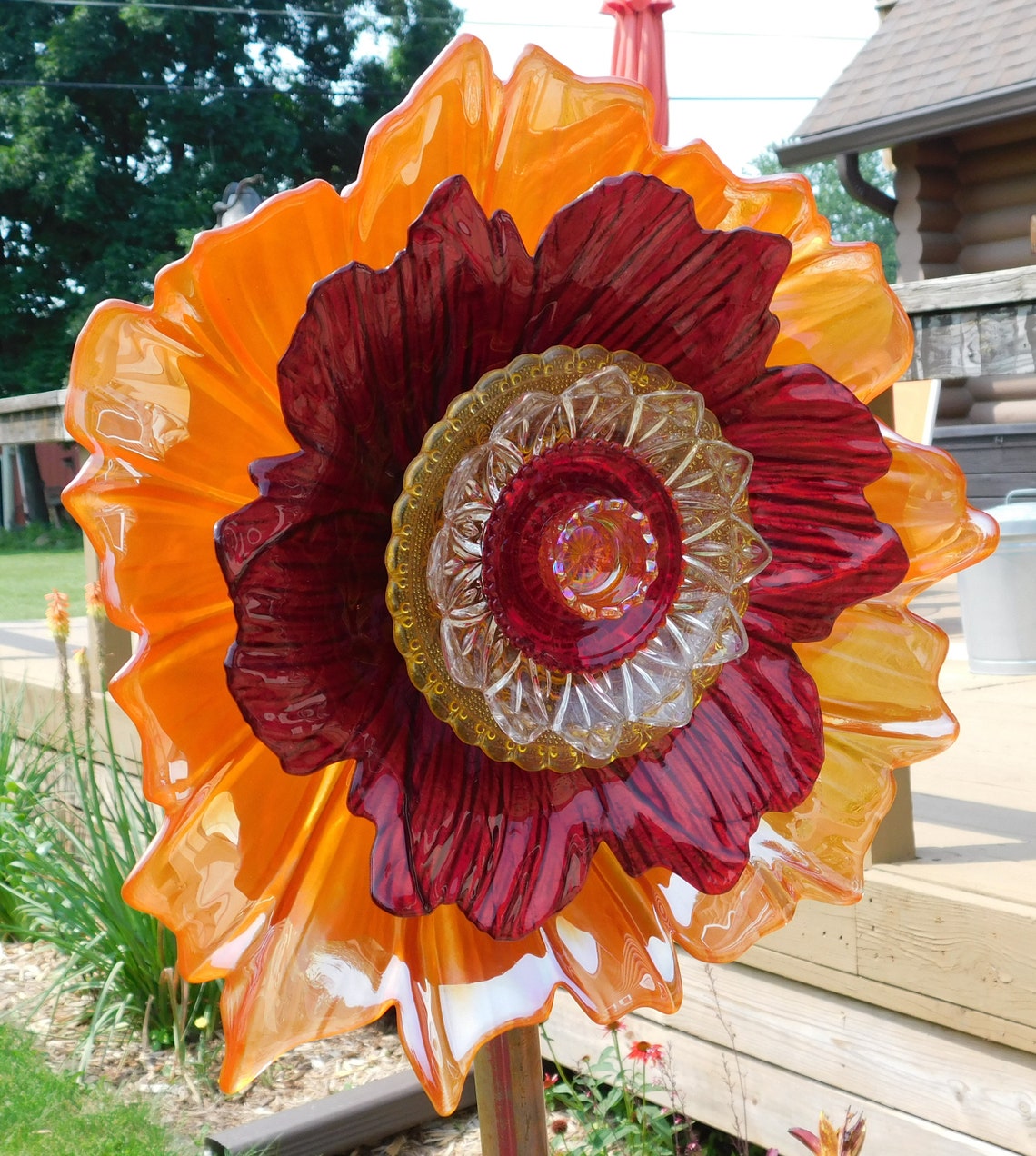 Orange Red And Yellow Glass Flower Yard Art Glass Flowers Etsy