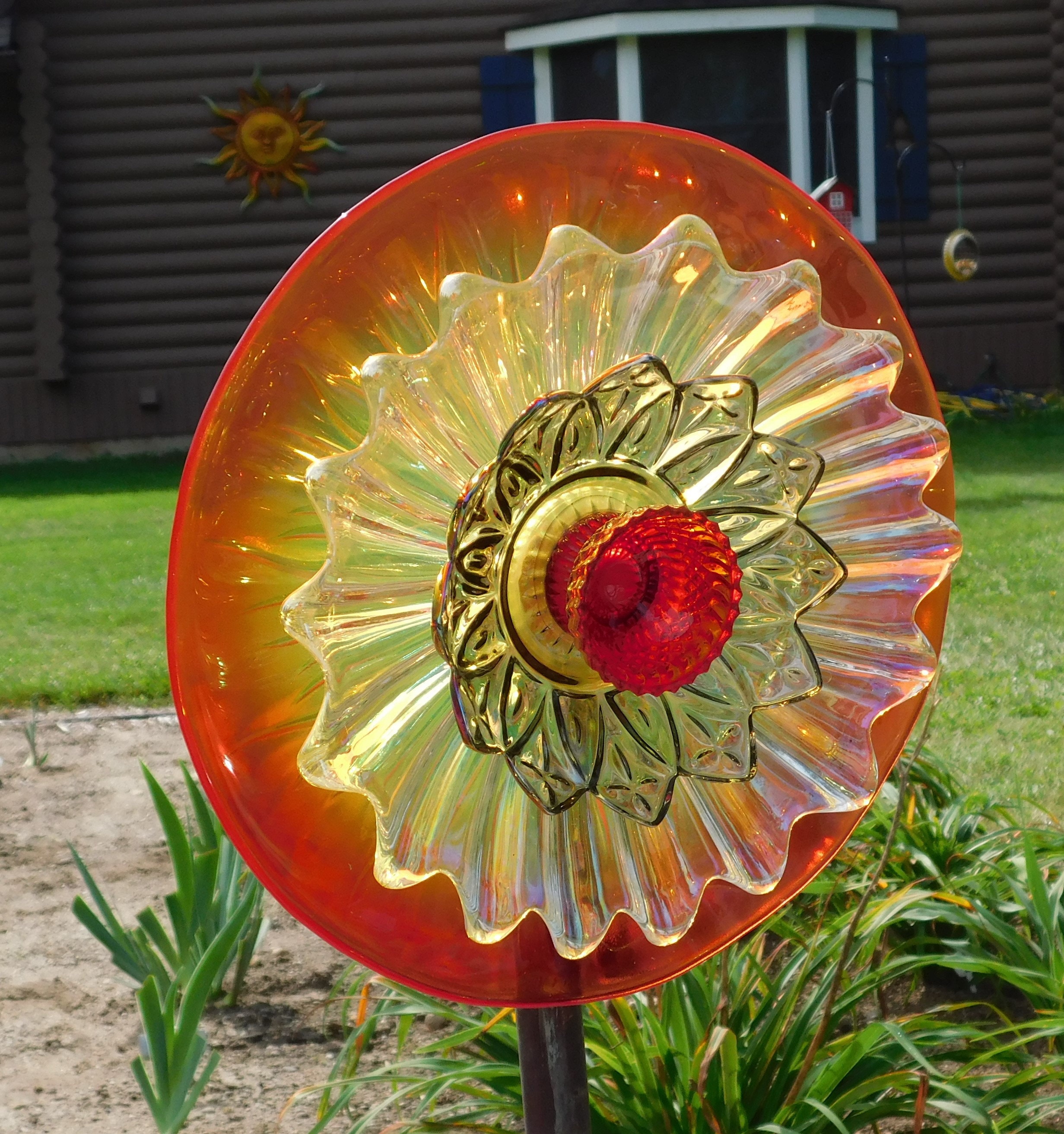 Orange/yellow/clear/smoke Glass Flower, Yard Art, Glass Flowers