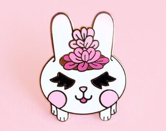 Bunny pink planter hard enamel pin - Kawaii rabbit with succulent planter - planter trading pin | Gift for plant moms and gardening lovers