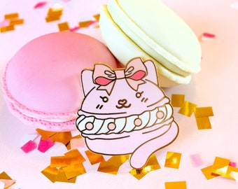 Cat Macaron Sweets Pin | Yummy Kitten Dessert Hard Enamel Pin - Pin Trading - Cute Pink White Kitty Kawaii Food enamel pin, cat lover gift