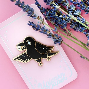 Black Crow Enamel Pin | Witch&#39;s Familiar Pin | Black Raven enamel pin | Crow pin | Cute enamel pin gift | Kawaii pin | Unique Crow Gift