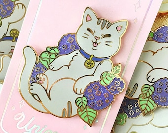 Kawaii Hydrangea Summer Cat JUMBO size hard enamel pin | Cute Floral Rainy Day Kitty Lapel Pin | Enamel Pin Gift for Summer, LIMITED EDITION