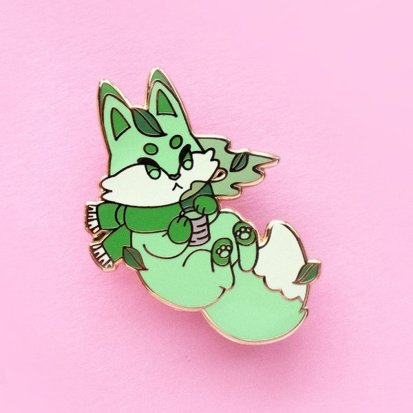 Matcha Fox Enamel Pin | Matcha, Green Tea Themed Fox animal lapel pin