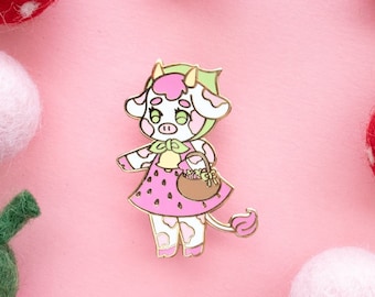 Strawberry Cow Enamel Pin // Cute Strawberry Cow Gift // Cottagecore, Sweets, Kawaii pink, Cow lover gift