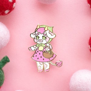 Strawberry Cow Enamel Pin // Cute Strawberry Cow Gift // Cottagecore, Sweets, Kawaii pink, Cow lover gift image 1