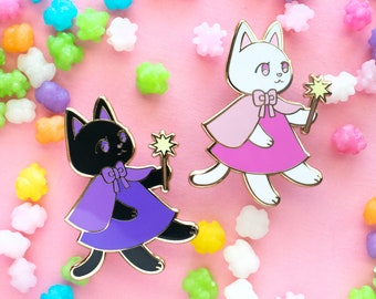 Sugar & Spice Kitty Witches Enamel Pins // Cat Familiar Witch Pins, Pink, Purple Cat Pins