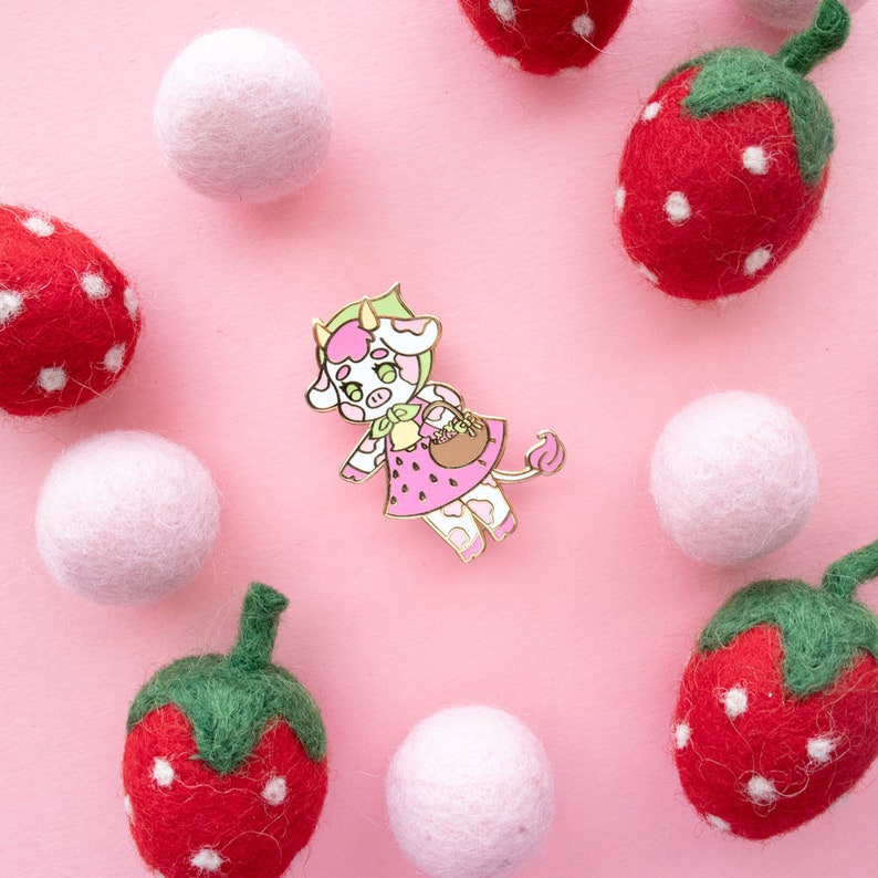 Strawberry Cow Enamel Pin // Cute Strawberry Cow Gift // Cottagecore, Sweets, Kawaii pink, Cow lover gift image 3