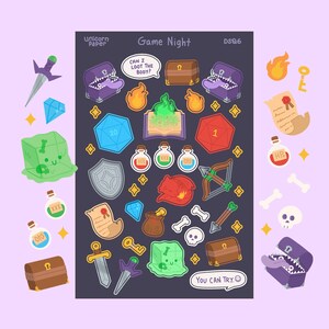 May include: A set of 20 colorful stickers featuring a variety of fantasy and game-themed illustrations, including dice, treasure chests, potions, and a sword. The stickers are on a black background with the text "Game Night" and "DSQ6".