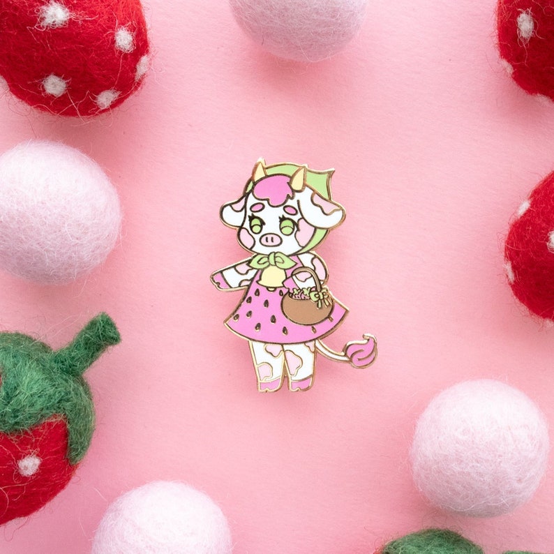 Strawberry Cow Enamel Pin // Cute Strawberry Cow Gift // Cottagecore, Sweets, Kawaii pink, Cow lover gift image 1