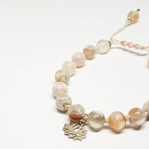 Lotus Sakura Agate, bracelet, macrame, sliding knot, handknotted, yoga mala, gemstone bracelet, cherry blossom, mala bracelet, mala beads